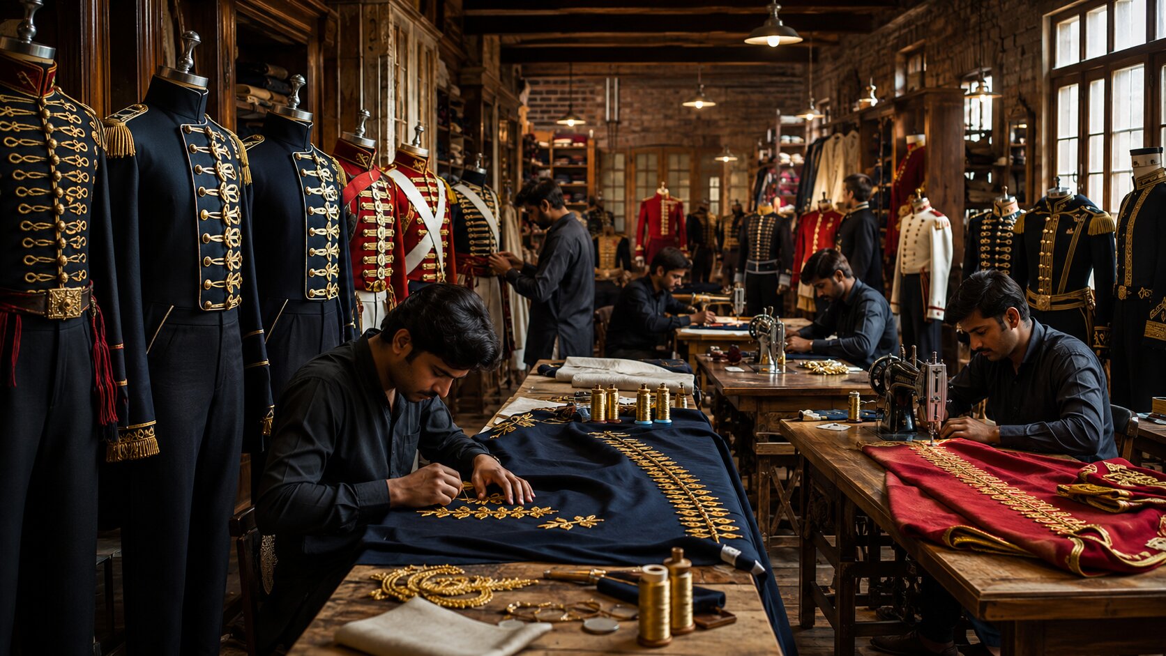 Historischer Militäruniform-Hersteller in der Werkstatt Sialkot, Pakistan